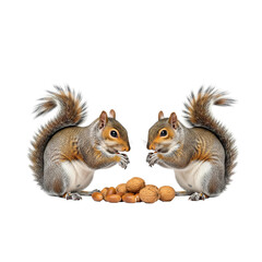 Two Squirrels Facing Each Other Eating Nuts