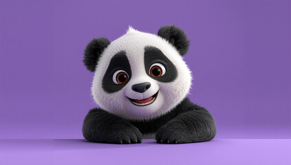 Cute Cartoon Panda 3D Illustration with Adorable Expression on Purple Background