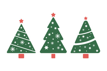 stylized Christmas trees with festive decorations, topped with red star and adorned with white snowflakes and stars