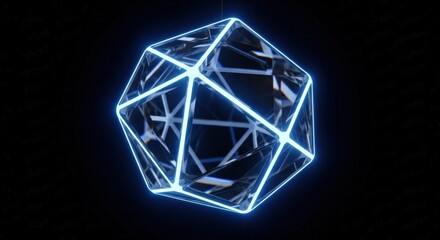 Abstract glowing icosahedron wireframe on black background, a modern technology concept.