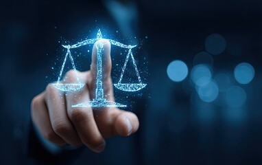 Digital law and online legal services concept with glowing justice scales.