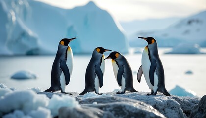 Fototapeta premium Group of king penguins stand on icy rocks near calm water. Snowy Antarctic landscape with icebergs in background. Penguins interact in frigid climate, awaiting plunge into chilly ocean.