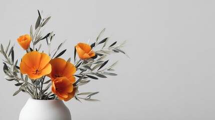 Orange flowers in a vase with space for text reproduction, fresh and natural style. Suitable for banner templates, website layouts, business presentations, or advertising designs. Features.