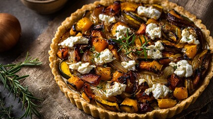 A baked autumn tart with caramelized squash, onions, and goat cheese, mustard-hued linen base, flat lay composition