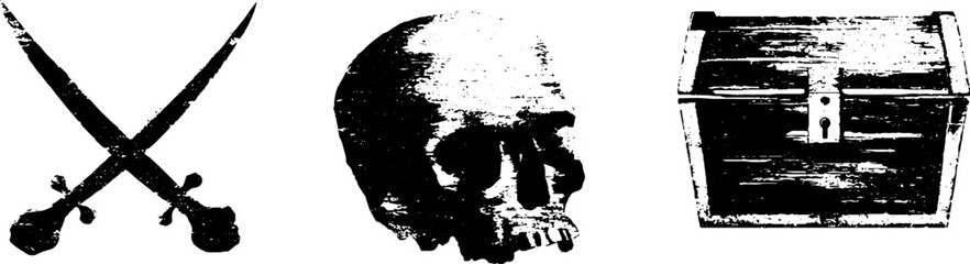 Black and white pirate stencil set featuring skull, crossed swords, and treasure chest for creative design