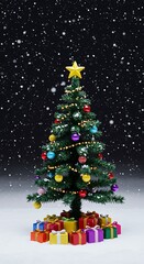 Obraz premium Decorated christmas tree with gifts and falling snow creating a festive atmosphere