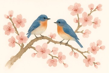 Two charming bluebirds perched on a blooming cherry blossom branch in soft light