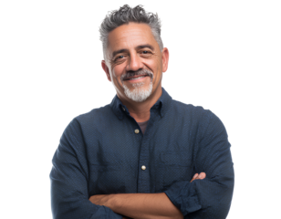 Smiling middle-aged Hispanic man portrait with arms crossed, isolated on a transparent background, PNG