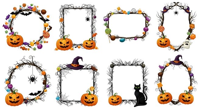 Collection of halloween frames with pumpkins candy bats and spiders on a white background