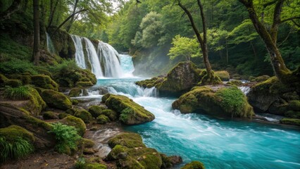 Obraz premium Beautiful waterfall cascade flowing over moss-covered rocks in a lush, green forest