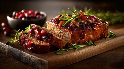 A dark kitchen ambiance with meatloaf, caramelized onions, and spiced cranberry glaze, wood textures and shadows