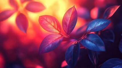 Vibrant close-up of illumiated leaves against a dreay, colorful background, caturing the essence of natues beauty and tranquility.