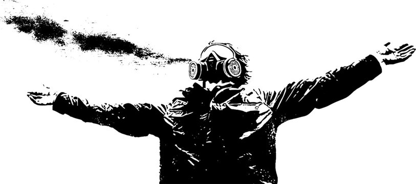 Black and white raver with gas mask stencil art - urban grunge design for posters and prints
