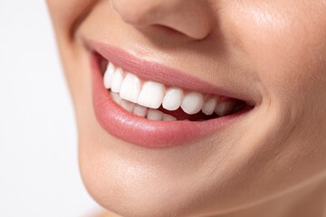 Obraz premium Closeup of a smiling woman showing bright white teeth and pink lips
