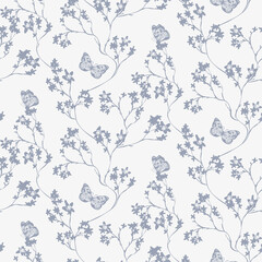 Floral seamless pattern with butterflies. Branch with leaves ornamental texture. Flourish nature summer garden textured background