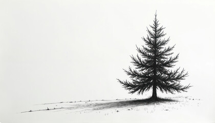 Obraz premium Minimalist black, white ink drawing lone pine tree. Simple graphic illustration features delicate branches, evergreen needles against clean white background. Suggests winter forest, tranquil