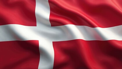 Fototapeta premium Close-up of Danish flag waving in wind. Red banner features white Scandinavian cross symbol. This three-dimensional illustration of national flag evokes patriotism and national pride for Denmark.