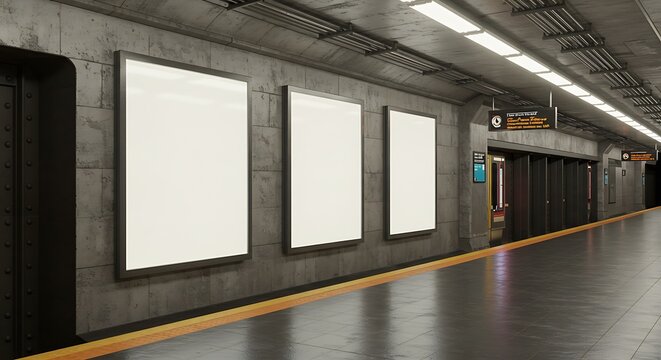 Three vertical billboards on underground subway wall Mockup. Hoardings advertising triptych on train station interior 3D rendering