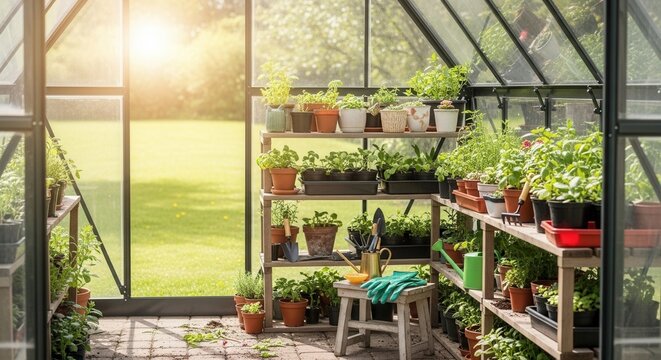 Sunlit greenhouse interior filled with thriving potted plants and gardening tools - Powered by Adobe