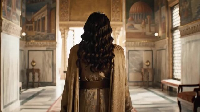 Biblical Queen Esther Approaches Persian King Ahasuerus or Xerxes I in Royal Palace Throne Room to Save Jewish People, Old Testament Historical Drama Scene