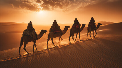 Fototapeta premium desert caravan at sunset, AI generated