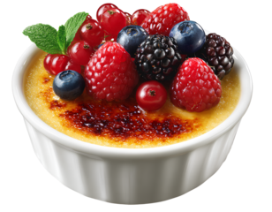Classic crème brûlée in white ramekin with berries and mint, isolated on a transparent background, PNG