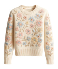 Knit sweater with embroidered floral motifs in pastel colors on a cream base