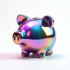 Iridescent piggy bank with metallic, rainbow chrome finish. Shiny pig animal illustration represents savings, money, finance, banking, investment, wealth, budget. Modern, trendy, stylish design
