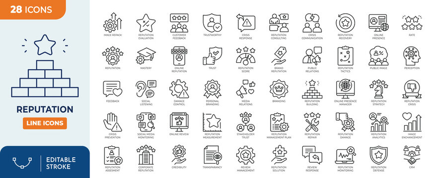 Reputation line editable icon set. Contain icons related to reputation, trust, brand, perception, credibility, and more. Editable stroke. Vector illustration