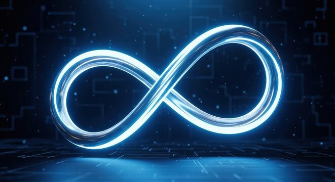 Glowing blue infinity symbol on a dark digital background, representing endless possibilities.