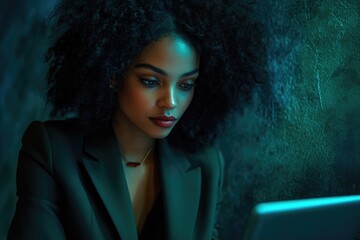 A young Black woman with an afro, wearing a green blazer, intently focuses on a tablet in a dimly lit, moody setting.