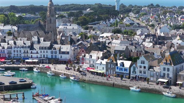Aerial view of the french village of Le Croisic in Guerande France with sailboats parked in the bay 