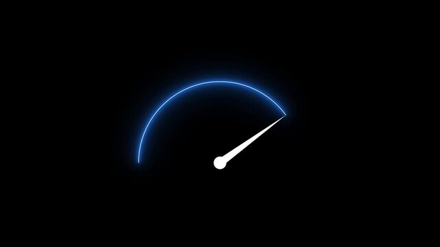 animation of glowing speedometer needle in motion. Concept of performance, acceleration and speed. Purple color glowing neon Abstract digital speed meter or indicator on black background. 4K
