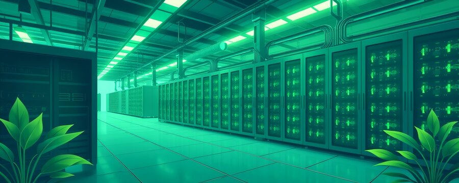 Inside a server room, a futuristic and technologically advanced data center with glowing green lights. Green plants are also present in the room, creating contrast