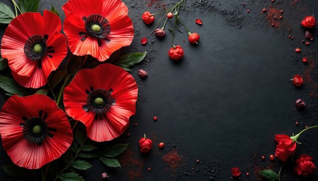 Bold red poppies with intricate black centers, green leaves adorn textured black background. Modern design celebrates Victory in Europe Day, evoking patriotism, historical commemoration with embossed