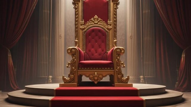 A royal throne sits on a high platform with a red carpet leading to it flanked by velvet curtains and ornate columns. 4k videos