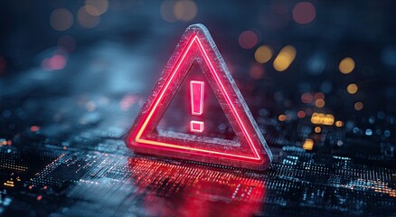 Red Neon Warning Sign on Digital Circuit Board with Blurry Background.