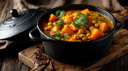 An open dutch oven with butternut squash and chickpea curry, turmeric accents, placed on aged wood surface, soft natural shadows