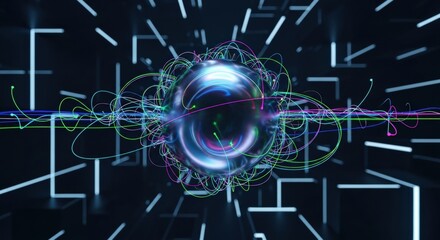 Abstract representation of quantum physics with glowing sphere and particle trails.