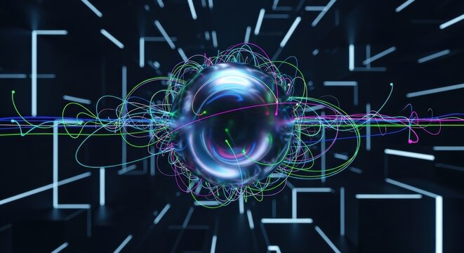 Abstract representation of quantum physics with glowing sphere and particle trails.