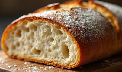 Close-up of freshly baked sourdough loaf. Features crispy, golden-brown crust, soft, airy interior crumb, dusted with flour. Perfect for homemade baking, bread evokes rustic comfort, artisanal
