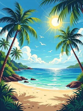Sunlit tropical beach with gentle waves, swaying palm trees, and azure sky creates a serene escape on a sunny day ai, beach, tropical, sun, waves, palm, trees, sky, clouds, relaxation, nature, paradis