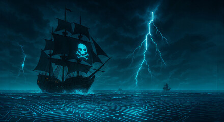 Pirate ship waiting in a bay during data storm, website data security related conceptual illustration