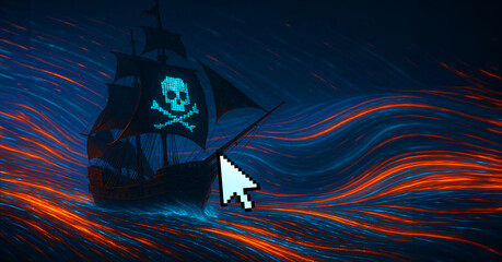 Cybersecurity Pirate ship surfing through waves of internet information, with a cursor, conceptual illustration related to web security.
