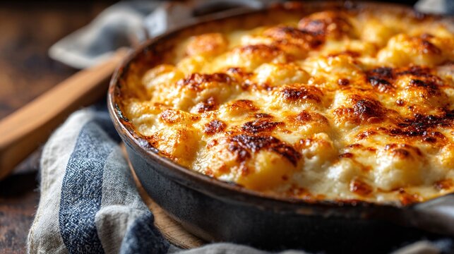 A overhead kitchen shot of gnocchi bake with mozzarella, crispy top texture, cozy light - Powered by Adobe