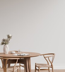 Frame poster wall art mockup in a minimalist modern dining room interior. 3D render