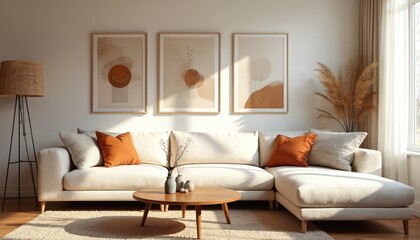 Obraz premium Neutral toned living room featuring sectional sofa with plush orange, textured pillows. Modern wooden coffee table rests on shag rug. Above sofa, triptych gallery wall displays abstract art. Natural