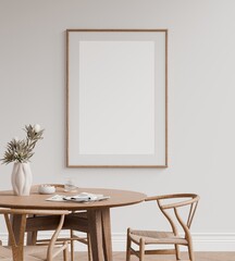 Frame poster wall art mockup in a minimalist modern dining room interior. 3D render