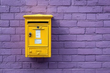 Mailbox Cute. Yellow Small Mailbox on Purple Brick Wall Background