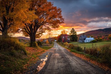 Obraz premium Maine Farm Sunset: Beautiful Autumn Landscape with Foliage and Dirt Road